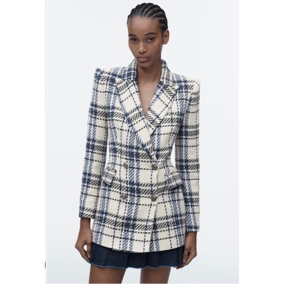 Zara double breasted textured weave jacket blazer in blue - Picture 1 of 10